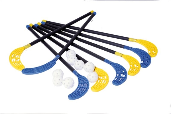 Mera-Floorball-Set Kids L, Länge 80 cm, 2 x 4 Stöcke, 8 Lochbälle weiß