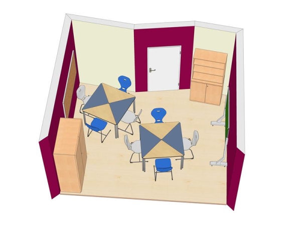 Pythagoras Dreiecktisch, Melamin mit Führung, 120x85x85cm