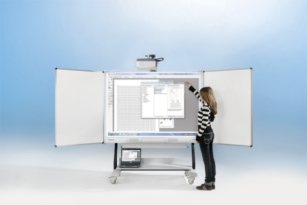 Panasonic Board interaktiv, Federzugtafel,  fahrbares Gestell, mit Flügel